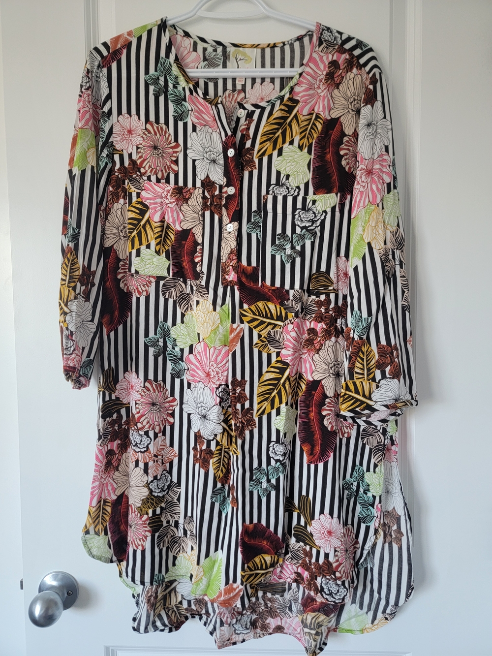 fig and flower Anthropologie Stripe Floral Button-Front Long Sleeve Tunic